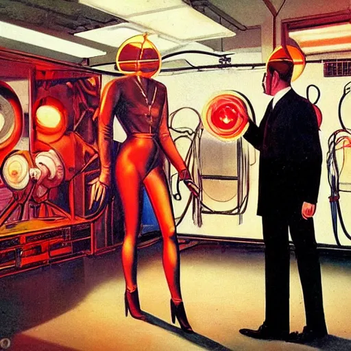 Image similar to man in futurist 6 0 ´ s lab, machines and futurist robots, red lights, part boris vallejo style, part leyendecker black suit