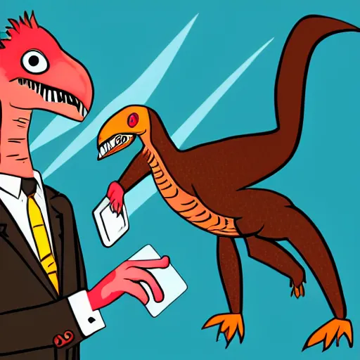 Image similar to a detailed illustration of an anthropomorpich velciraptor wearing a suit and talk with a phone