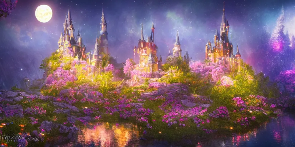 Image similar to a single glittering fairy castle at night, a full moon, water and colourful flowers, extremely detailed oil painting, unreal 5 render, fantasy digital art, octane render, beautiful composition, trending on artstation, award-winning photograph, masterpiece