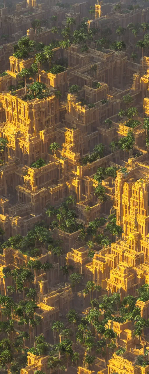 Image similar to eye level view of single tower, golden facade babylon tower, sacred ancient architecture, hanging gardens, cascading highrise, arid mountains with lush palm forest, sunlight, post - production, octane, cgi, sfx, beautiful dynamic lighting, cinematic, extremely high detail, photo realistic, cinematic lighting, 8 k