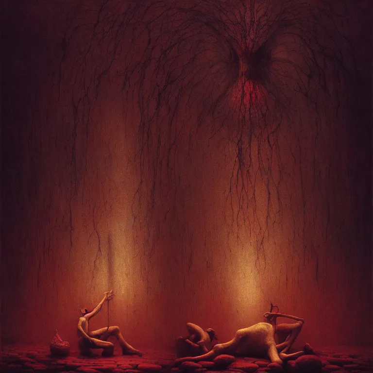 Image similar to portrait of shamanic ritual by beksinski, psychedelic trippy visionary art, soft bloom lucid dream - like atmosphere, baroque painting, perfect composition, detailed octane render trending on artstation, 8 k artistic photography, volumetric cinematic perfect light, chiaroscuro, masterpiece, raphael, caravaggio, beksinski, rutkowski, beeple