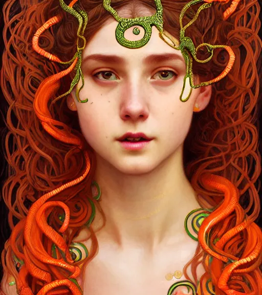 Image similar to portrait of teenage medusa, snake hair, naughty smile, wearing an embroidered orange tunic, intricate, elegant, copper and emerald jewelry, glowing lights, highly detailed, digital painting, artstation, concept art, smooth, sharp focus, illustration, art by wlop, mucha, artgerm, and greg rutkowski