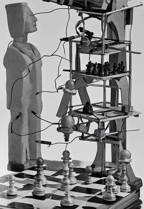 Prompt: a chess - piece building machine, complex white machinery with cables, a surrealist sculpture by marcel duchamp, archival pigment print, 1 9 1 4, conceptual art, artwork, academic art, surrealist, fluxus