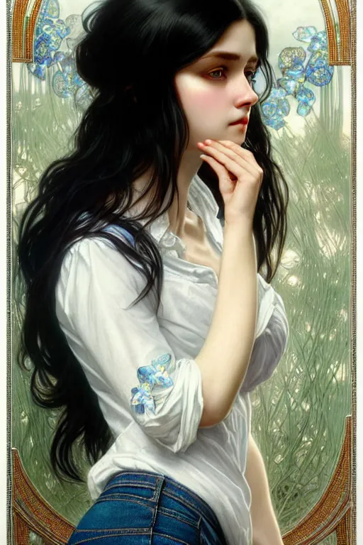 Image similar to ultra realistic, Beautiful black haired woman, Porcelain white complexion, big blue eyes, cute small lips., wearing jeans and white blouse, whip in hand, intricate details, eerie, highly detailed, octane render, 8k, art by artgerm and alphonse mucha and greg rutkowski