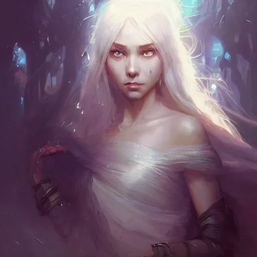 Image similar to a portrait of a beautiful lady with hopeful eyes, art of wlop and greg rutkowski, epic fantasy art, bright light masterpiece, ray of light through white hair