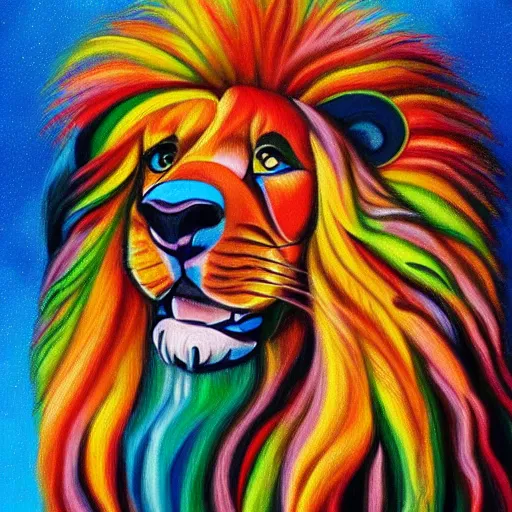 Image similar to profile view of cute fluffy poodle with long colorful flowing lion mane blowing in the wind with mohawk top hairstyle hybrid animal detailed painting 4 k