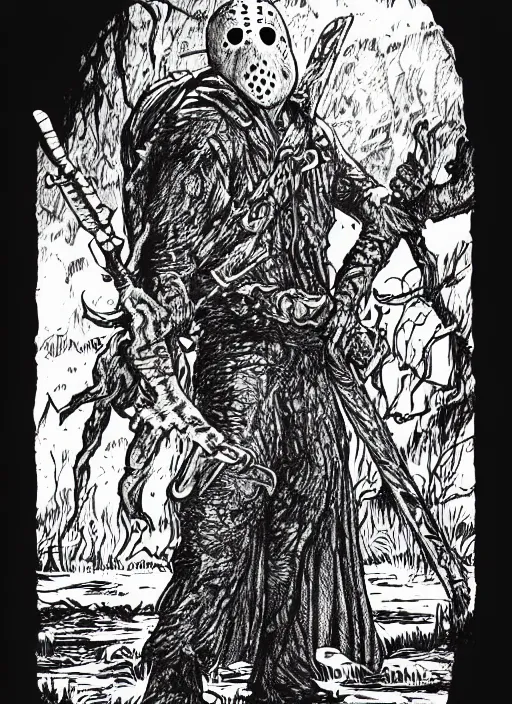 Image similar to Jason Voorhees as a D&D monster, pen-and-ink illustration, etching, by Russ Nicholson, DAvid A Trampier, larry elmore, 1981, HQ scan, intricate details, high contrast