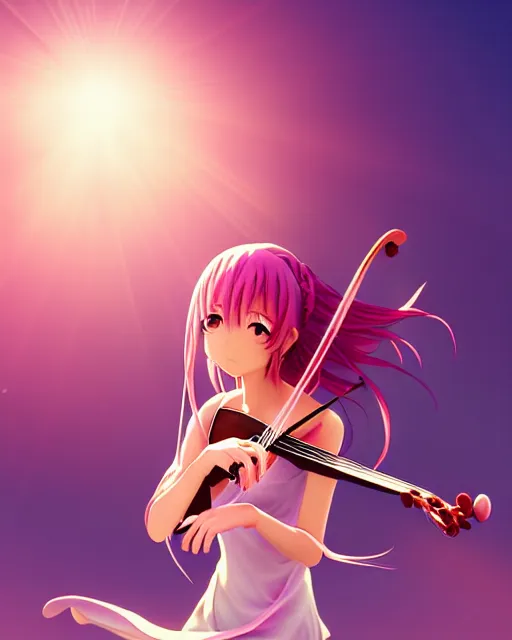 Image similar to anime style, creative, full body, a cute girl with white skin and long pink wavy hair holding a violin and playing a song, heavenly, stunning, realistic light and shadow effects, happy, centered, landscape shot, happy, simple background, studio ghibly makoto shinkai yuji yamaguchi