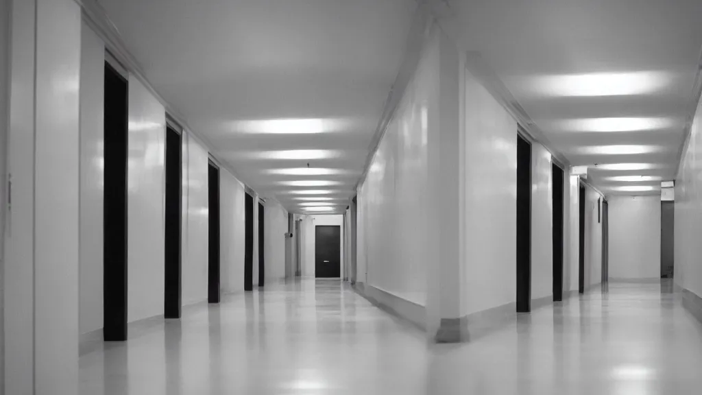 Prompt: stanley kubrick white hallway