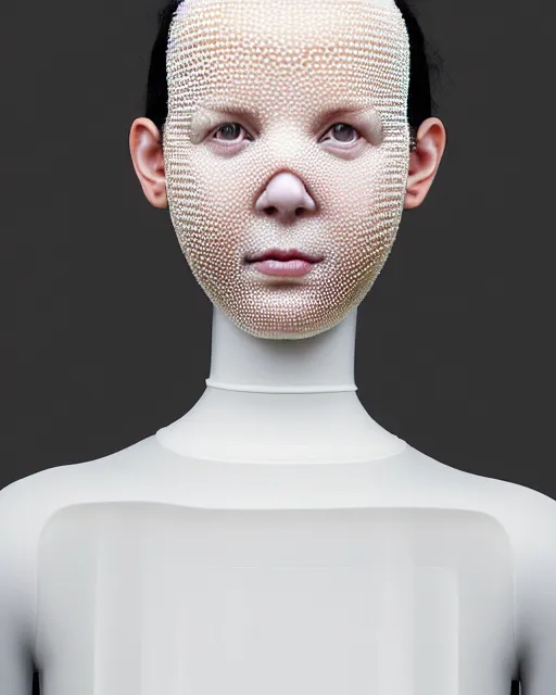 Prompt: symmetrical portrait of a woman wearing a embroidered translucent silicone mask and white frizzy hair buns, wearing a black bodysuit by alexander mcqueen, cream white background, soft diffused light, biotechnology, humanoide robot, bjork aesthetic, translucent, by rineke dijkstra, intricate details, highly detailed, masterpiece,