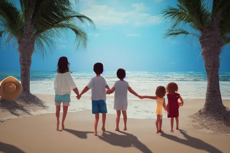 Prompt: a photorealistic photograph of a family on the beach, holding hands, far - view, art, cinematic composition, octane render, high detail, 8 k, artstation trending, jcpenney portraits, wide shot, outdoors, wide - angle lens, soft focus, very coherent