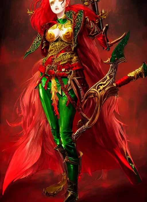 Image similar to Full body portrait of a handsome young red haired elven princess warrior wearing red, green and gold ornate leather jacket, golden tiara and an axe. In style of Yoji Shinkawa and Hyung-tae Kim, trending on ArtStation, dark fantasy, great composition, concept art, highly detailed.