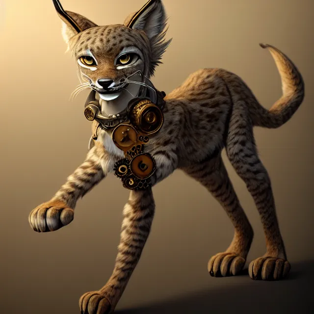 Prompt: the full body of anthropomorphic lynx fursona wearing a steampunk suit as unimaginably beautiful, gorgeous, elegant, young lynx, an ultrafine hyperdetailed illustration by furaffinity, intricate linework, white fur, unreal engine 5 highly rendered, global illumination, radiant light, detailed and intricate environment