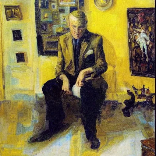 Prompt: man in yellow room, black suit, dean cornwell style