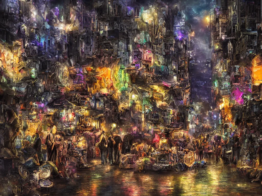 Prompt: matte painting, a solemn night, defied by spirit, pulse, and flow, the vibrant echoes of the market, drifters, traders, collectors, and travelers, within radiate connection, forming an oasis of vivid lights within the shallow city, night, ultradetailed, techwear clothes, vibrant people, vivid color, crowded people, huts, stores, close up, artistic style, eye level shot, cyberpunk style, blue, by Carl Gustaf Hellqvist and Noriyoshi Ohrai