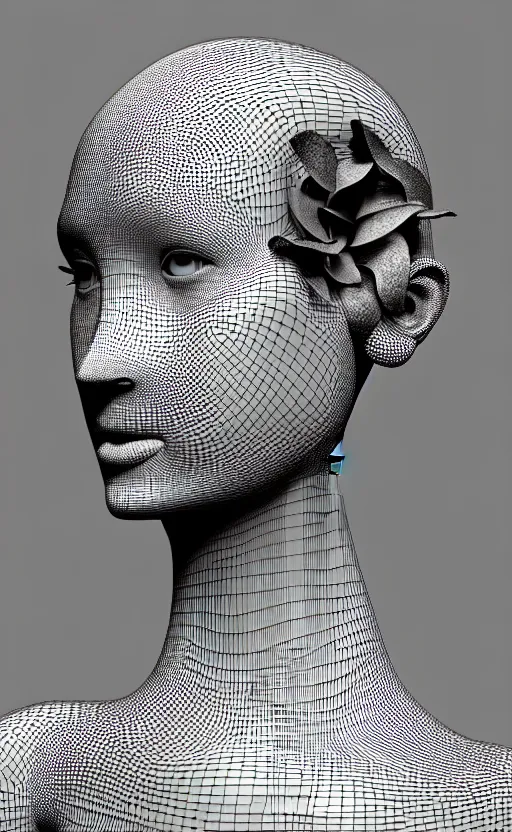 Image similar to black and white complex 3d render of a beautiful profile woman face, vegetal dragon cyborg, 150 mm, beautiful natural soft light, moon rays, silver details, magnolia stems, roots, fine lace, maze like, mandelbot fractal, silver metallic armour, anatomical, facial muscles, cable wires, microchip, elegant, highly detailed, rim light, octane render, H.R. Giger style