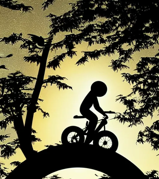 Image similar to a long tailed monkey riding a flying bike across the full moon as silhouette, from the movie e. t. the extra terrestrial, with dark trees in foreground, cinematic frame by steven spielberg, hd