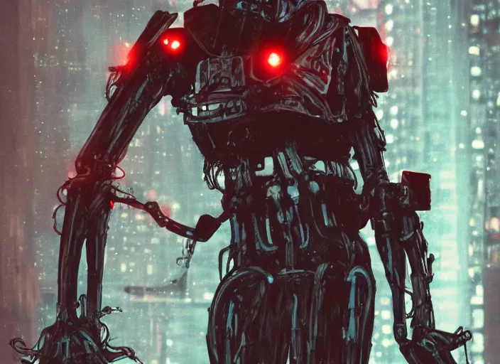 Image similar to 3 5 mm portrait photo of ( general grievous )!! with heavy duty biomechanical cybernetic body with 4 arms holding red lightsabers in the city in the rain. cyberpunk horror in the style of george lucas.