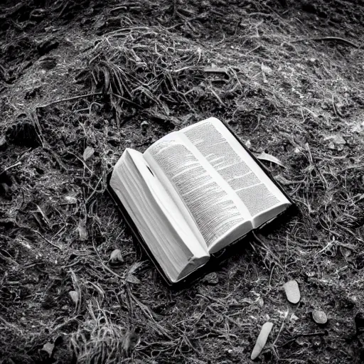 Prompt: a bible half buried and dusty in the ground, seen in a 7 0 mm macro lens