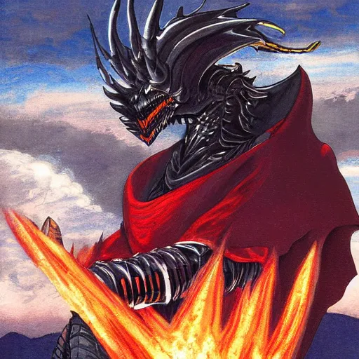 Image similar to knight in car, dragon blowing fire above, Hudson River School, ONE, Murata, Berserk