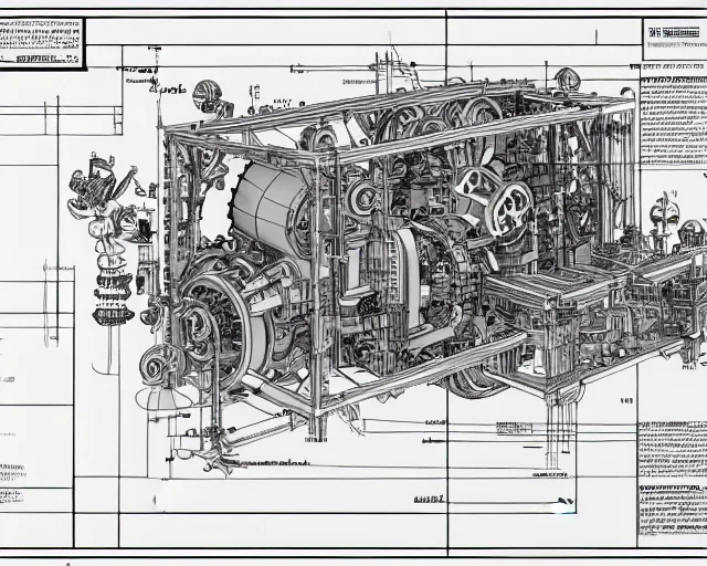 Prompt: a full page of a mechanical blueprint showing a cutaway design for a mechanized woman from howl's moving castle ( 2 0 0 4 ), with a big head, muted colors, post grunge, studio ghibli, hq,