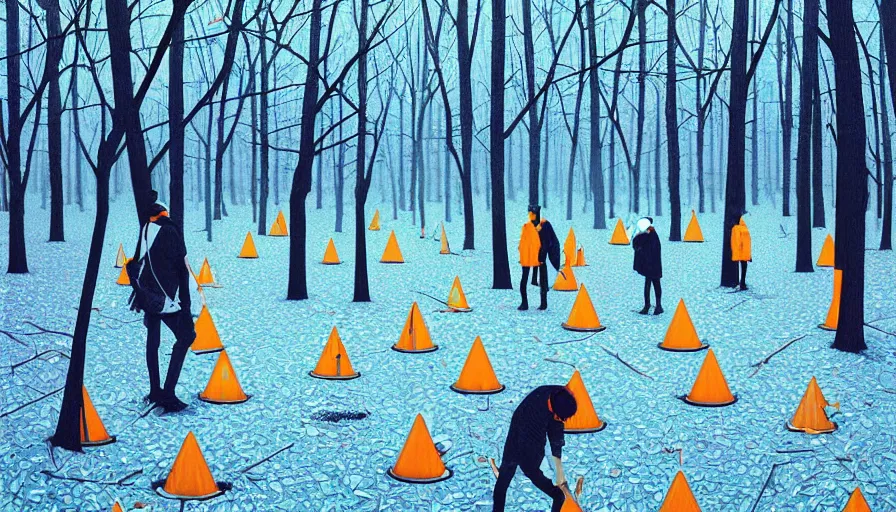 Prompt: safety cones scattered around an oak tree forest in winter, by james jean by ilya kuvshinov kintsugi, hyper detailed surrealist painting