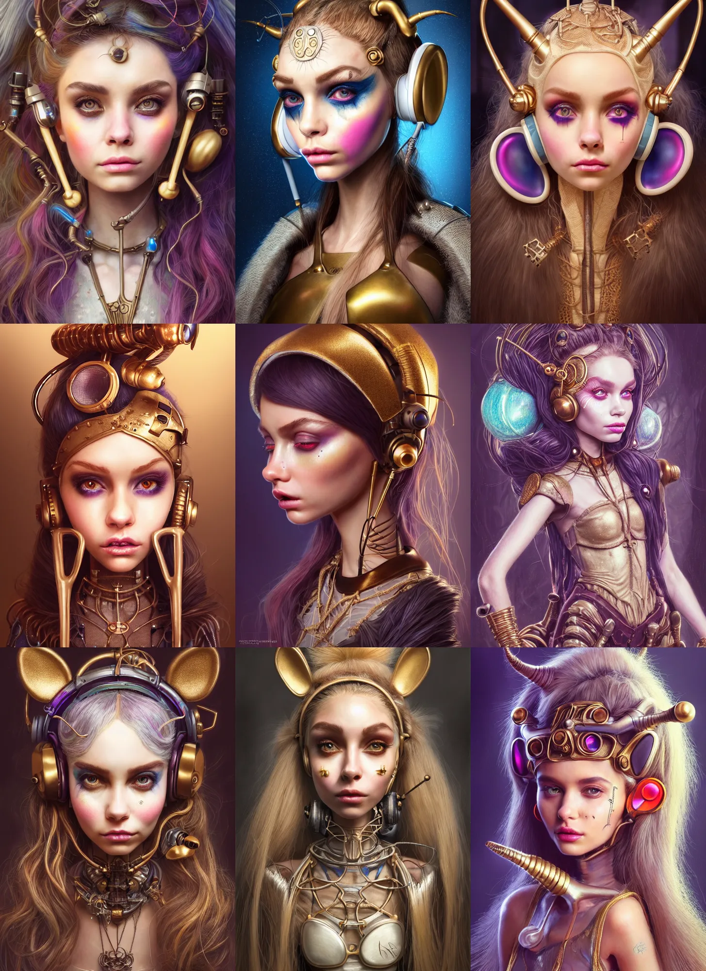 Prompt: disney weta portrait, soft lustrous ivory biotech raver clowncore madison beer medieval cyborg, earbuds, golden ratio, details, sci - fi, fantasy, cyberpunk, intricate, decadent, highly detailed, digital painting, ever after high, octane render, artstation, concept art, smooth, sharp focus, illustration, art by artgerm, loish, wlop