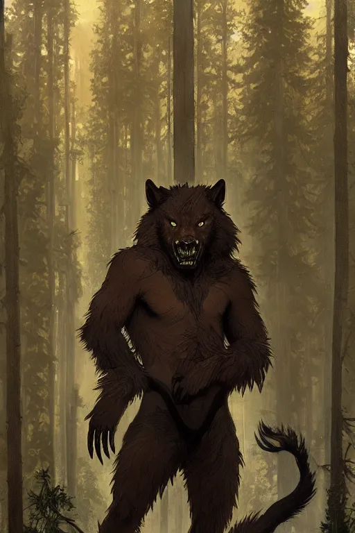 Prompt: fullbody portrait of a male werewolf, bared teeth, long claws, by greg rutkowski and alphonse mucha, gradient brown to silver, in front of a forest at night background, highly detailed portrait, digital painting, artstation, concept art, smooth, sharp focus illustration