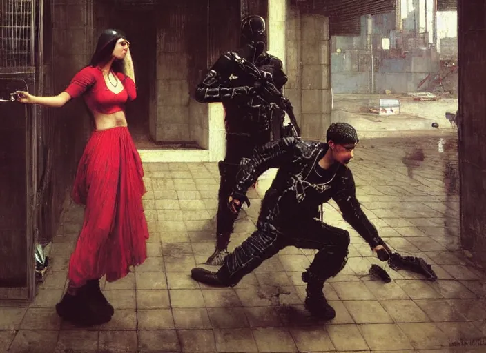 Prompt: Maria evades security guards. Cyberpunk hacker escaping Menacing Cyberpunk corporate security. (dystopian, police state, Cyberpunk 2077, bladerunner 2049). Iranian orientalist portrait by john william waterhouse and Edwin Longsden Long and Theodore Ralli and Nasreddine Dinet, oil on canvas. Cinematic, vivid colors, hyper realism, realistic proportions, dramatic lighting, high detail 4k