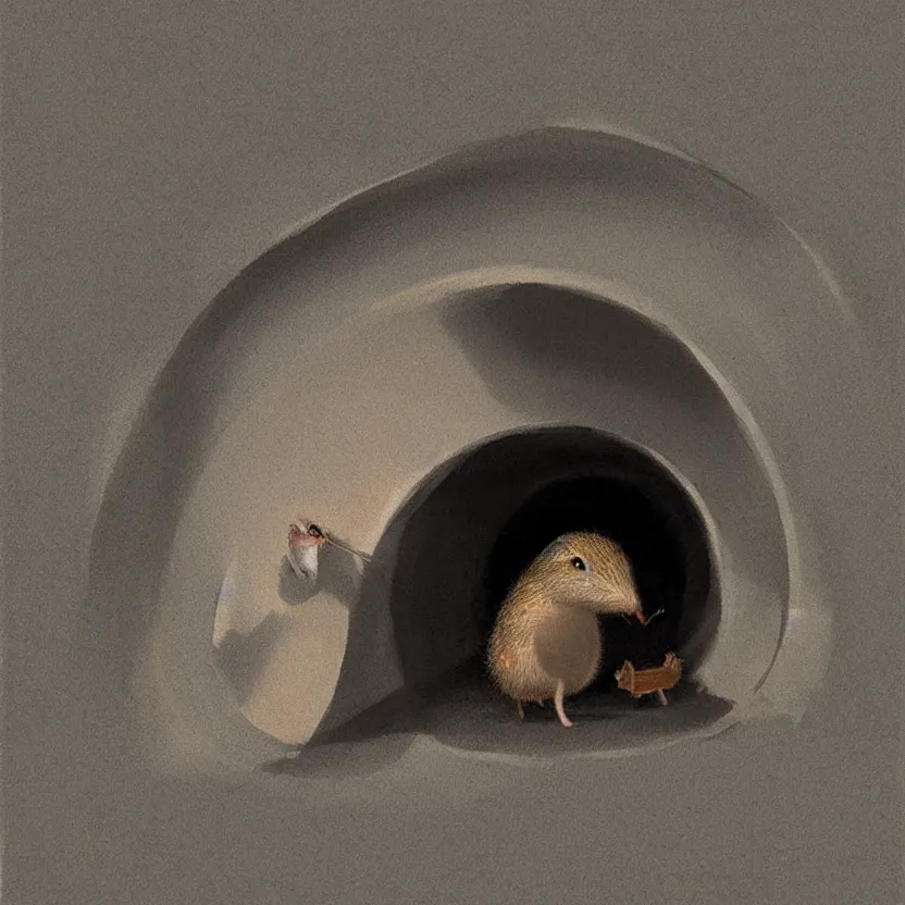 Image similar to a shrew in a little tunnel. pulp sci - fi art. soft lighting. muted colors. dark background