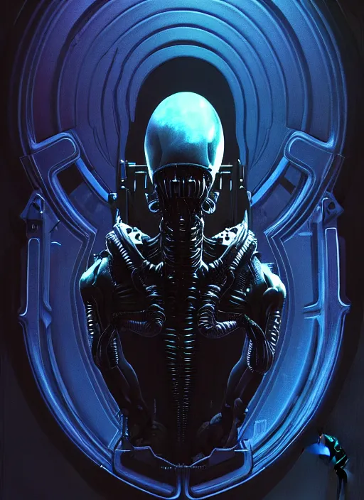 Image similar to profile! portrait of xenomorph, sci - fi, black tech wear, glowing lights! dark, cool colors, acid, intricate, highly detailed, digital painting, artstation, concept art, smooth, sharp focus, illustration, art by h r giger and greg rutkowski