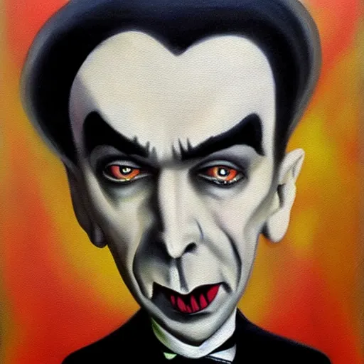 Image similar to an oil painting of Bela Lugosi in the style of Tim burton