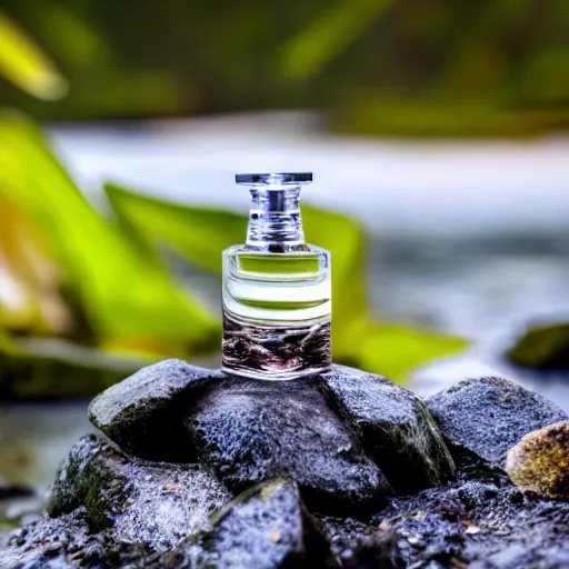 Prompt: perfume bottle sitting on a pile of rocks in the middle of a blue lake, close up shot, upfront, surrounded by tropical leaves, blurred tropical background, softly - lit, soft - warm, zen, light, modern minimalist f 2 0 clean