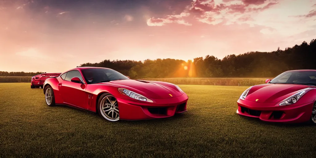 Prompt: cinematic fast sportscar reminiscent of toyota, ferrari and porsche in a lush field, shiny, red, beautiful lighting, photorealistic, sharp, sunset, by scott robertson