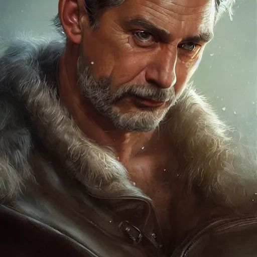 Image similar to portrait of a ruggedly handsome viktor orban, soft hair, muscular, half body, leather, hairy, d & d, fantasy, intricate, elegant, highly detailed, digital painting, artstation, concept art, smooth, sharp focus, illustration, art by artgerm and greg rutkowski and alphonse mucha