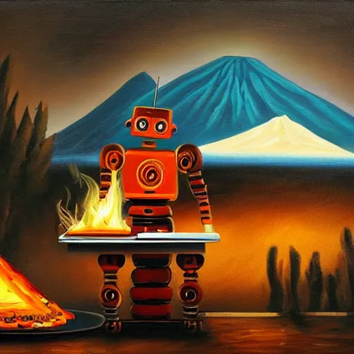 Image similar to robot cooking pizza in front of a volcano, oil painting, dark