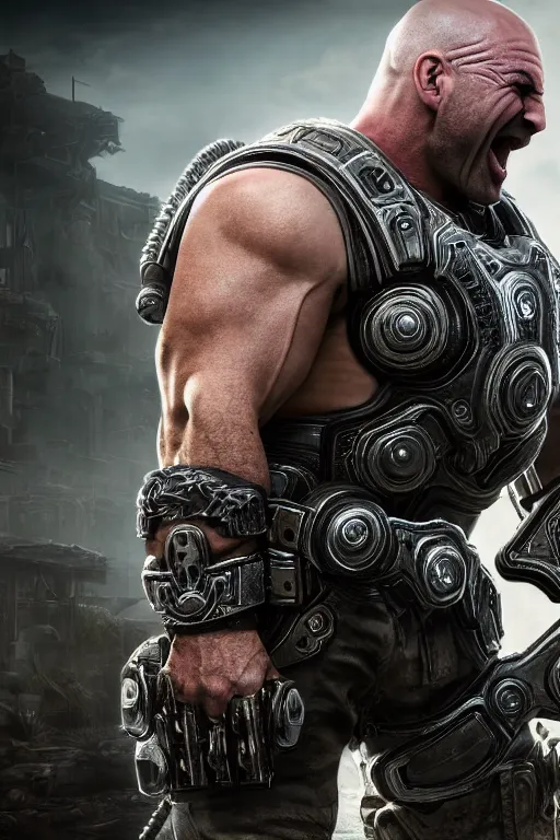 Image similar to Joe Rogan as a muscular Gears of War character laughing, photorealism, half body, HDR ambient background, unreal engine 5, hyperrealistic, highly detailed, XF IQ4, 150MP, 50mm, F1.4, ISO 200, 1/160s, cinematic lights, Adobe Lightroom, photolab, Affinity Photo, PhotoDirector 365, realistic