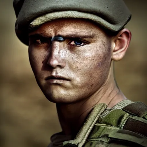 Prompt: soldier!!!!! portrait!!!!! pain, eyes, shoulders, sadness, soft focus, photography