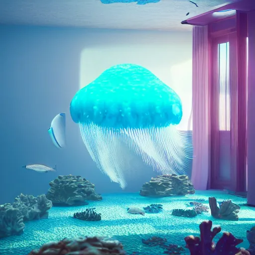Image similar to the realistic photo of the modern room as aquarium with a big jellyfish and corals, under the ocean, realistic colors, realistic shadows, daylight made in blender, hd, 3 d by beeple and damian hirst