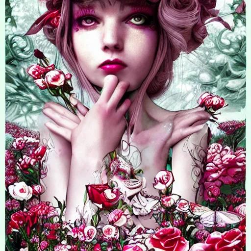 Image similar to Alice in Wonderland at the tea party, she looks like a mix of grimes, Aurora Aksnes and zoë Kravitz, sweet and innocent, surrounded by red and white roses, digital illustration, inspired by Aeon Flux and Japanese shoujo manga, hyper detailed, dreamlike, incredibly ethereal, super photorealistic, muted and pastel shades, extremely fine inking lines