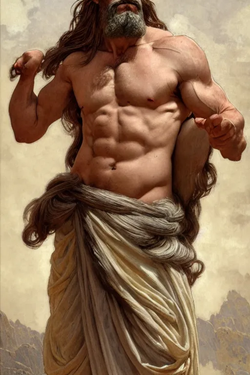 Image similar to painted portrait of rugged zeus, god of thunder, greek god, white hair, masculine, mature, handsome, upper body, flowy robe, muscular, hairy torso, fantasy, intricate, elegant, highly detailed, digital painting, artstation, concept art, smooth, sharp focus, illustration, art by gaston bussiere and alphonse mucha