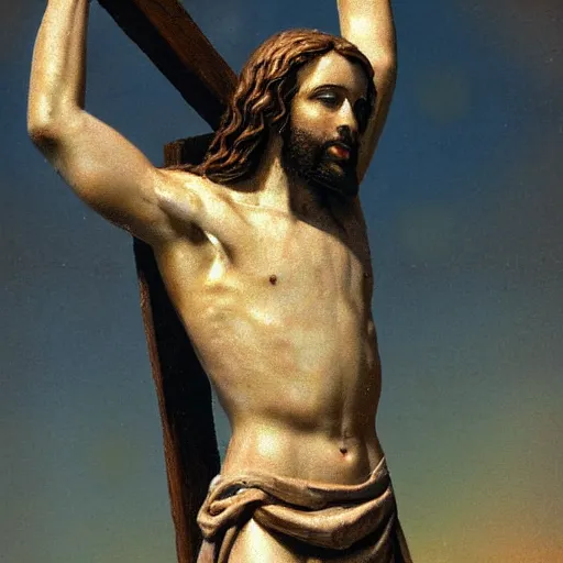 Image similar to Jesus crucified on a palm, photorealiatic,