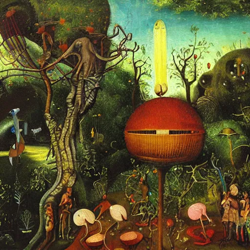 Prompt: the garden of AI delights, Bosch, oil painting, scifi