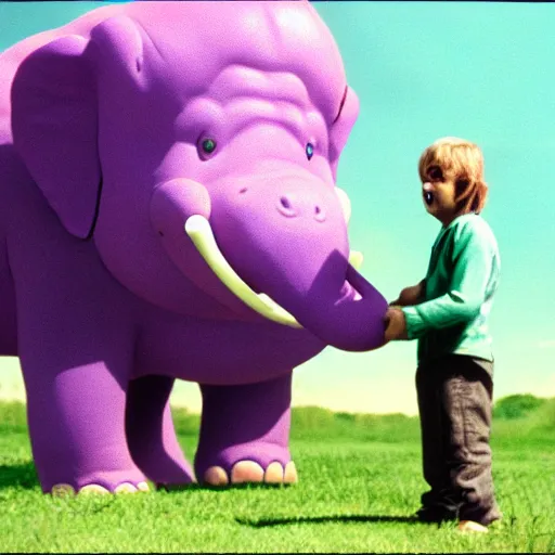 Image similar to the legend of big sir large purple elephant hippo monster, film still