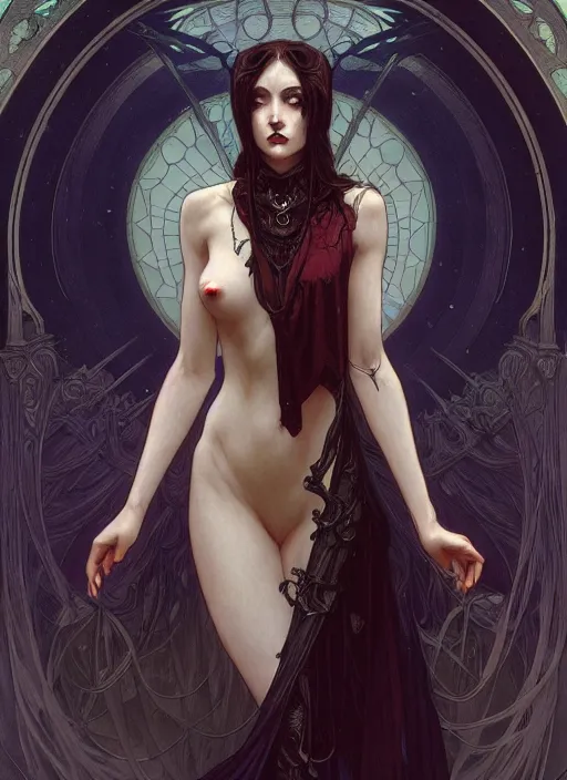 Image similar to masterpiece, ephemeral vampire girl concept art, stylized, doom, elegant, imperial, epic, intricate art by artgerm, alphonse mucha, h. r. giger, greg rutkowski, josan gonzalez, zdizslaw beksinski, gothic darkness, melacholy