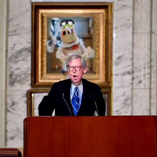 Image similar to senator mitch mcconnell as muppet giving a speech at the capitol