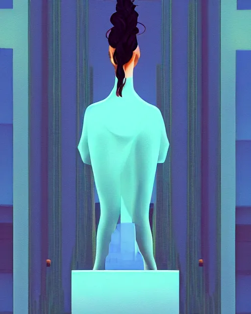 Image similar to a painting of a woman standing in front of a statue, a screenshot by stanley twardowicz, cgsociety, aestheticism, aesthetic, vaporwave, anime aesthetic