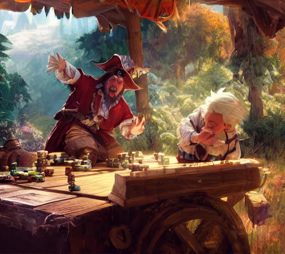 Prompt: a white haired dwarf and a pirate halfling gambling with dice near a creak and wagon, illustration by craig mullins, wlop, highly detailed, colorful, unreal engine, octane render, dramatic lighting, cinematic composition, wide shot