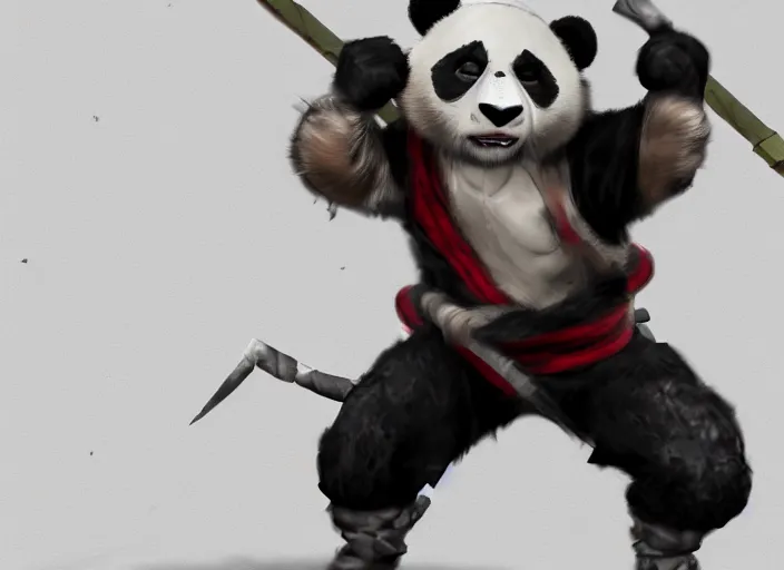 Image similar to extremely scary angry tough rough looking ninja panda. japanese ninja warrior character, scary, gruffness, interesting 3 d character concept by square enix, in the style of league of legends, hyper detailed, cinematic, final fantasy, character concept, ray tracing, fur details, maya, c 4 d, artstation