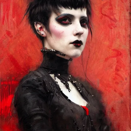 Image similar to Solomon Joseph Solomon and Richard Schmid and Jeremy Lipking victorian genre painting portrait painting of a young beautiful woman punk rock goth with punk rock haircut in fantasy costume, red background